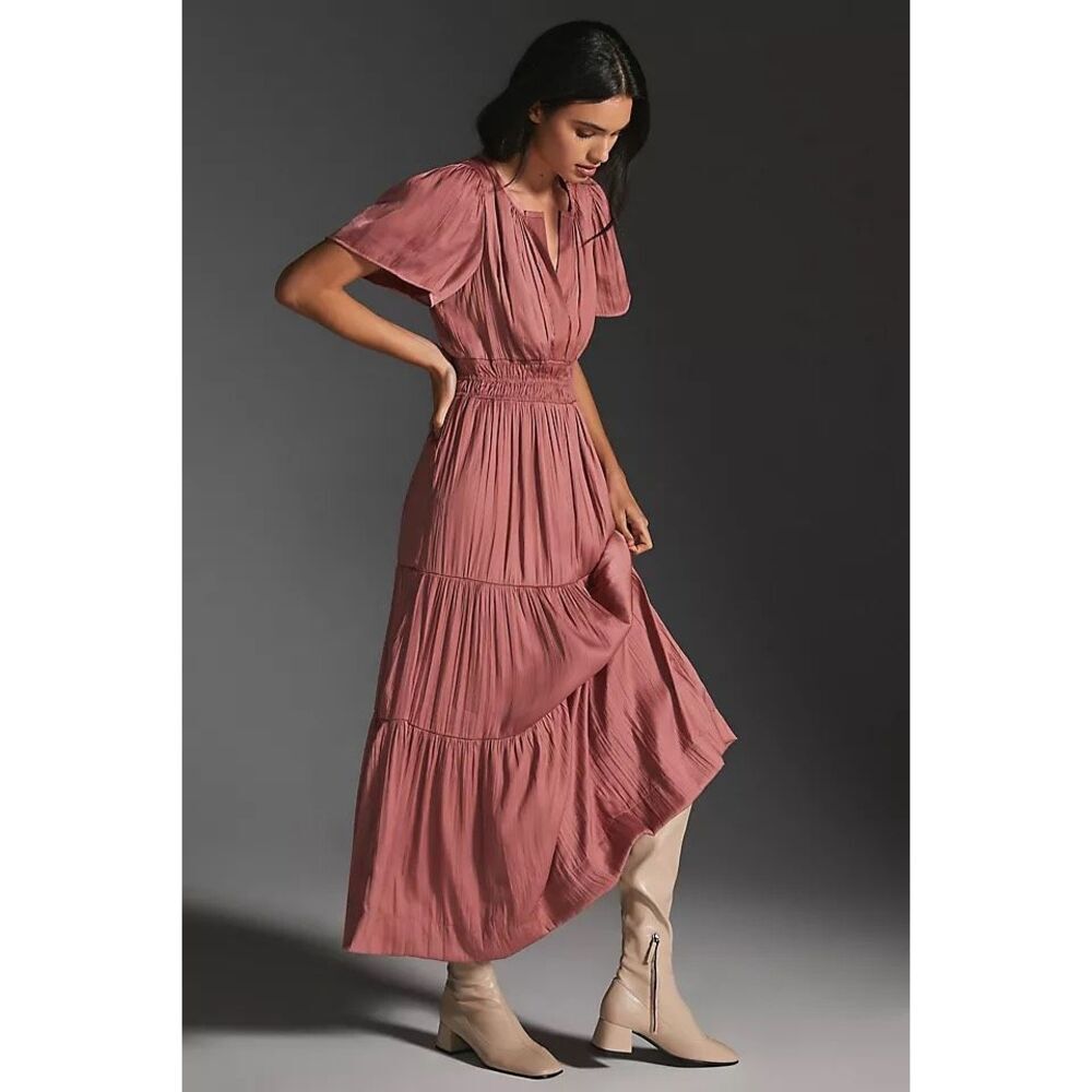 New Anthropologie Somerset Satin Maxi Dress Xs Rose Tyrie